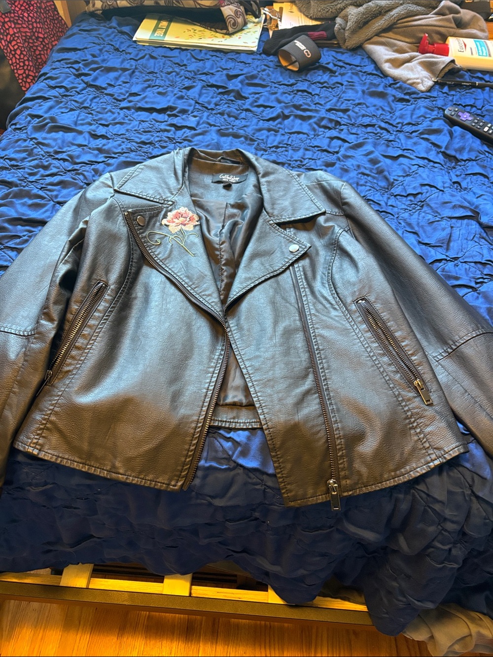 Fifth Sun Black Faux Leather Moto Jacket with Pink Floral Embroidery